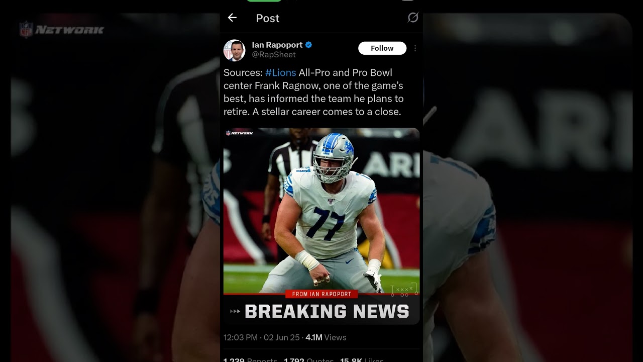 BREAKING NEWS!! LIONS C FRANK RAGNOW TO RETIRE AHEAD OF THE 2025 SEASON. #nfl BREAKING NEWS!! LIONS C FRANK RAGNOW TO RETIRE AHEAD OF THE 2025 SEASON. #nfl