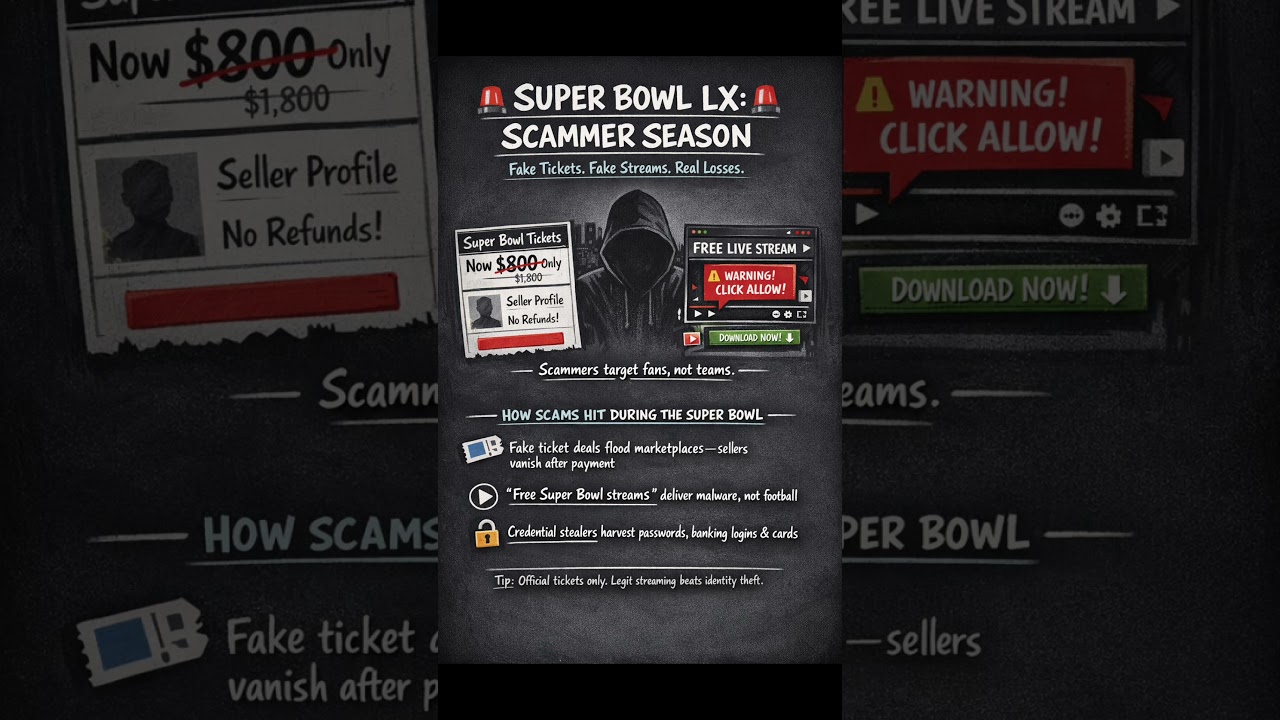 Super Bowl LX Scam Awareness #superbowllx #scammer #onlinesafety #cybersecurity Vlog Super Bowl LX Scam Awareness #superbowllx #scammer #onlinesafety #cybersecurity Vlog